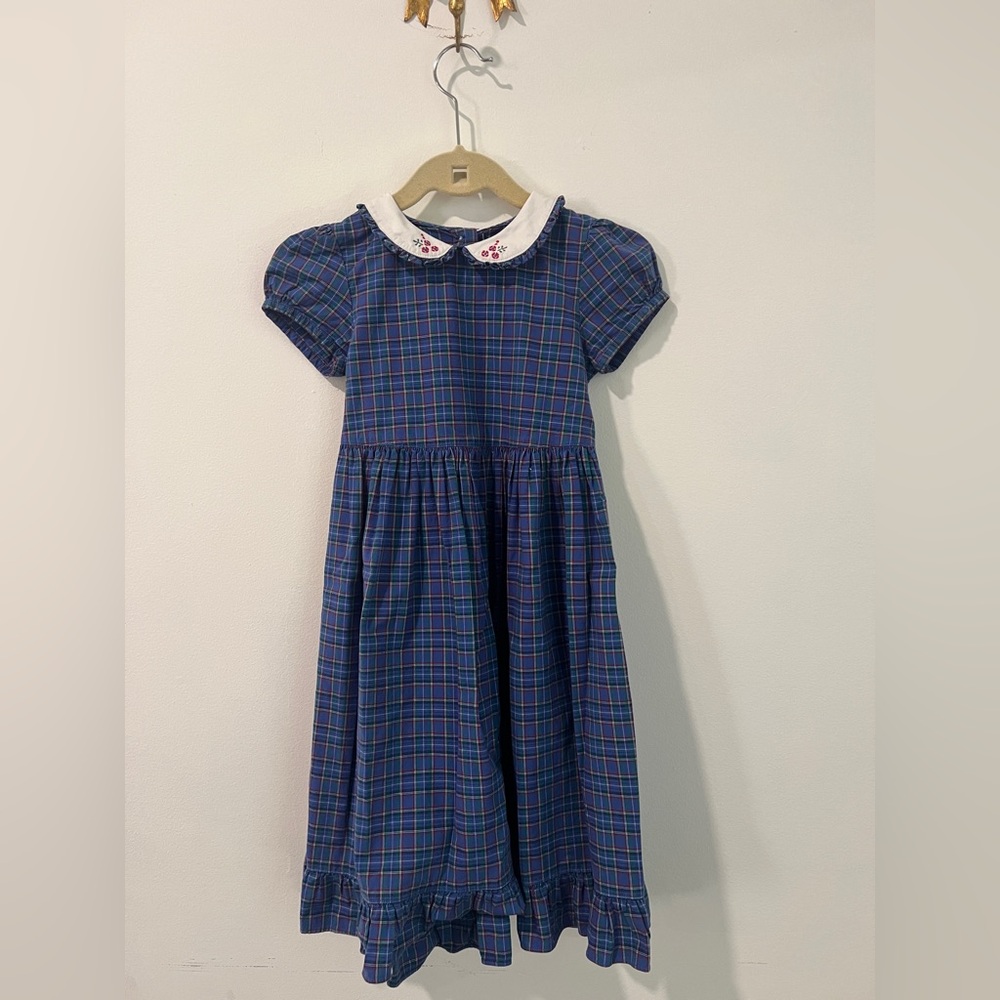 Chaps Kids Dress in Blue Plaid with Embroidered Collar